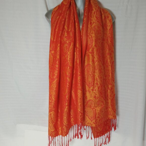 Orange Paisley Cashmere Slik Scarf Shawl Wrap Stole Silk Soft Women Warm 28 x 70 - Picture 3 of 16